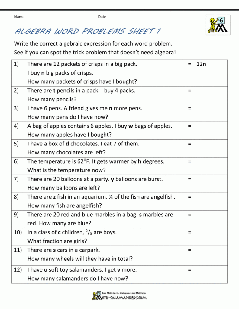 Writing Expressions Word Problems Worksheet