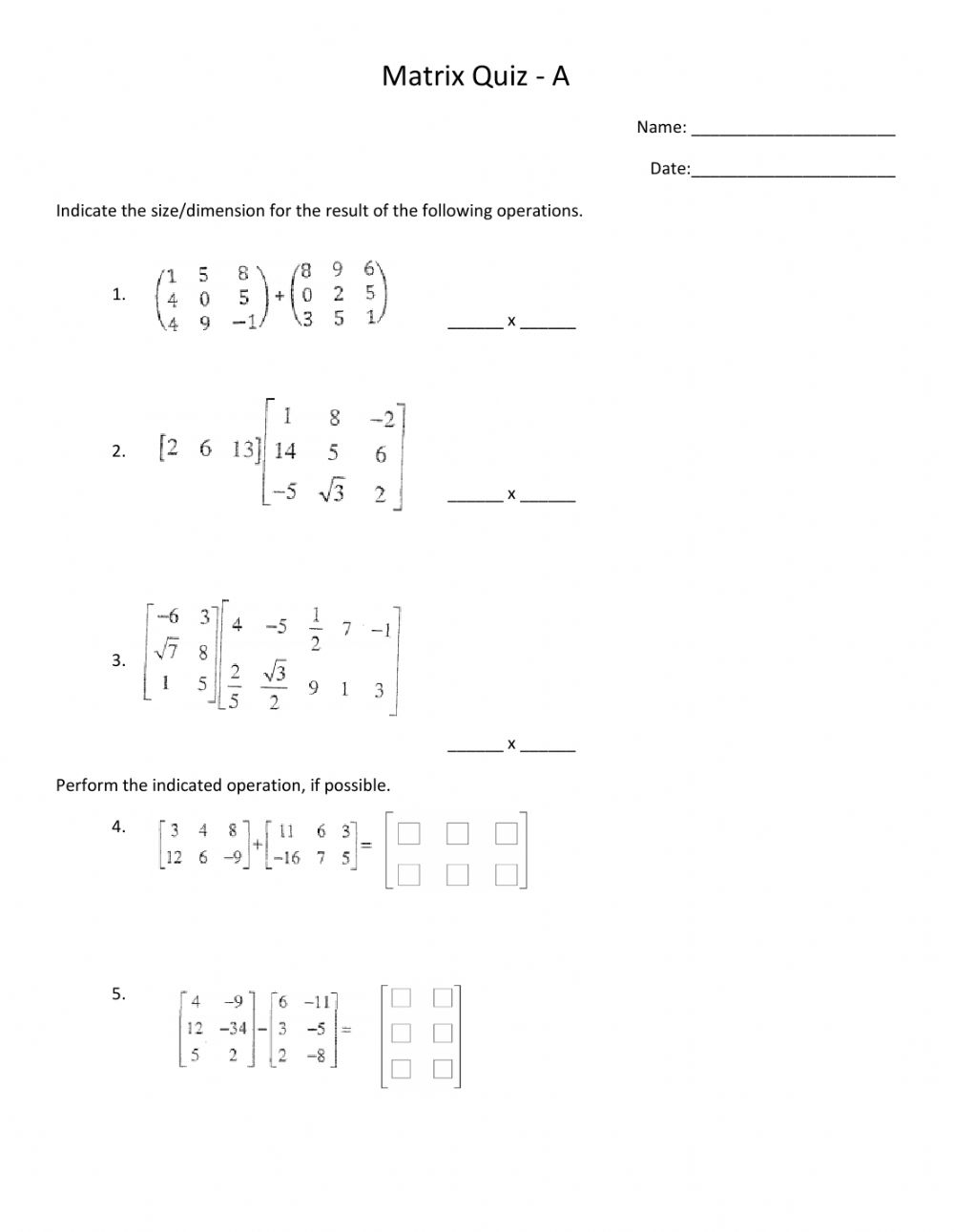 Scalar Multiplication Of Matrices Worksheets