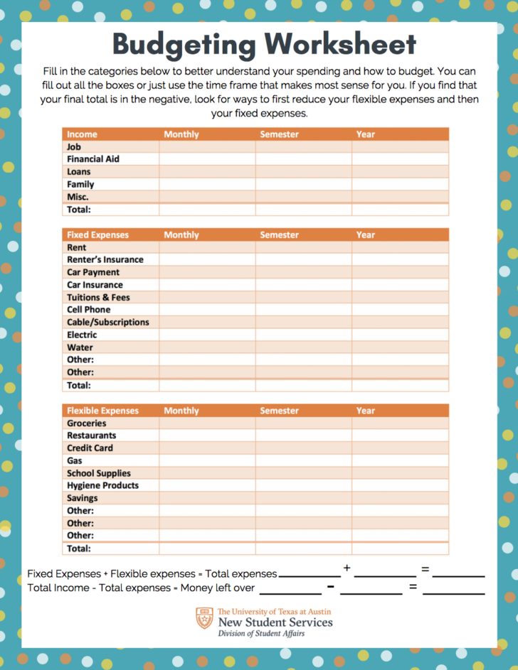 budgeting assignment for middle school students