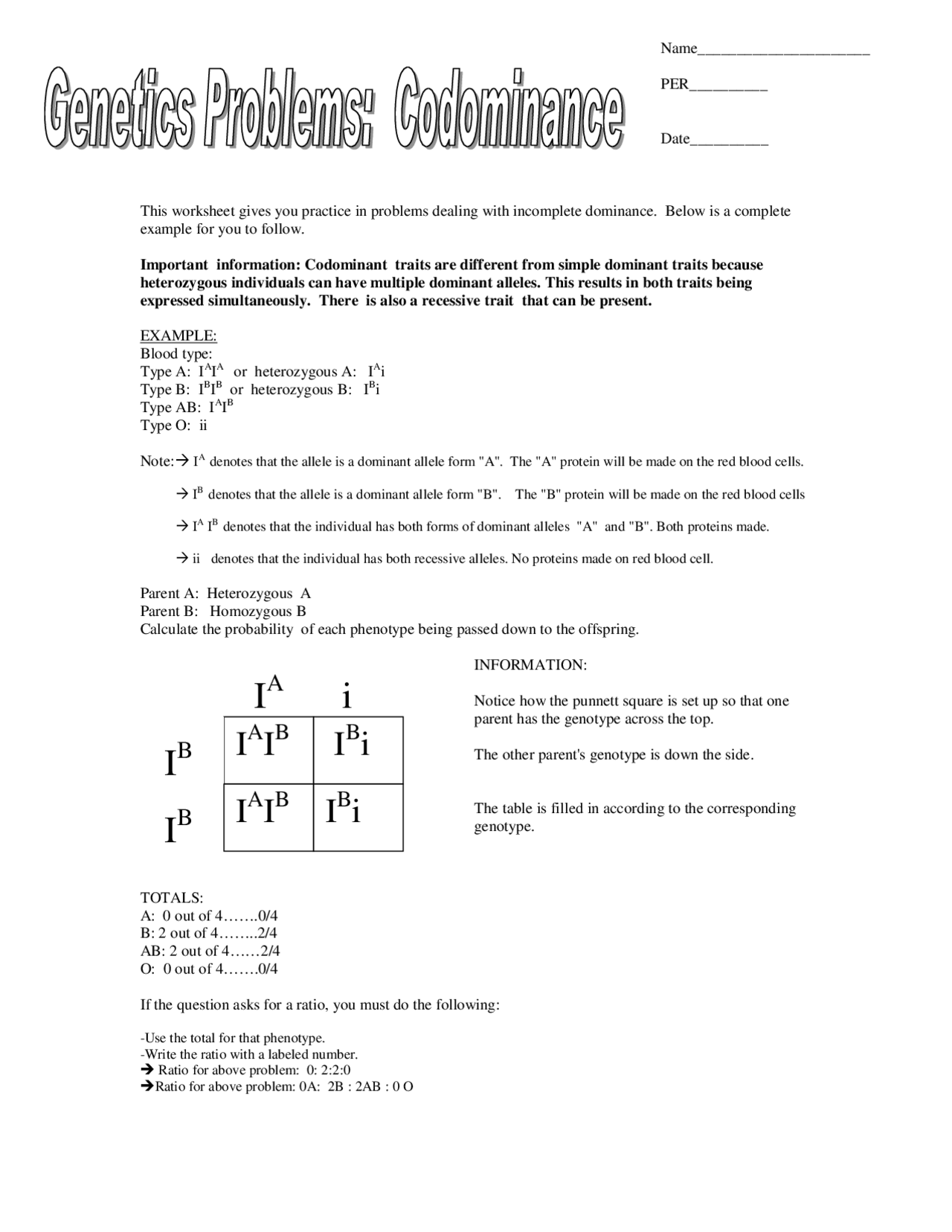 CoDominance Worksheet Genetics Exercises Genetics Docsity