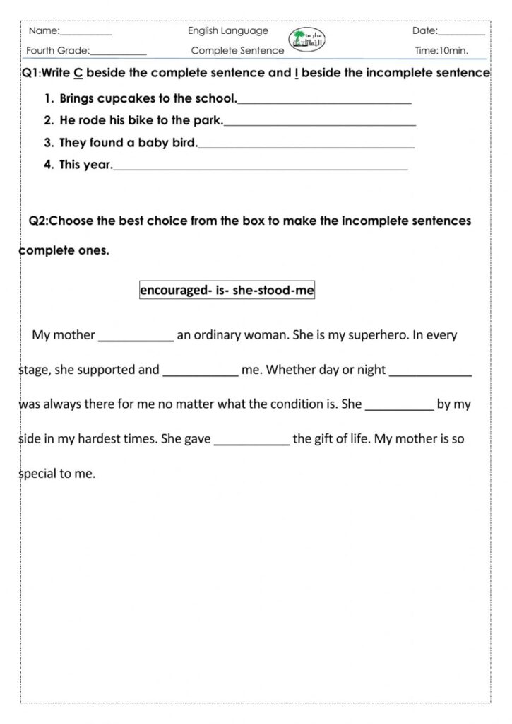 Writing A Complete Sentence Worksheet