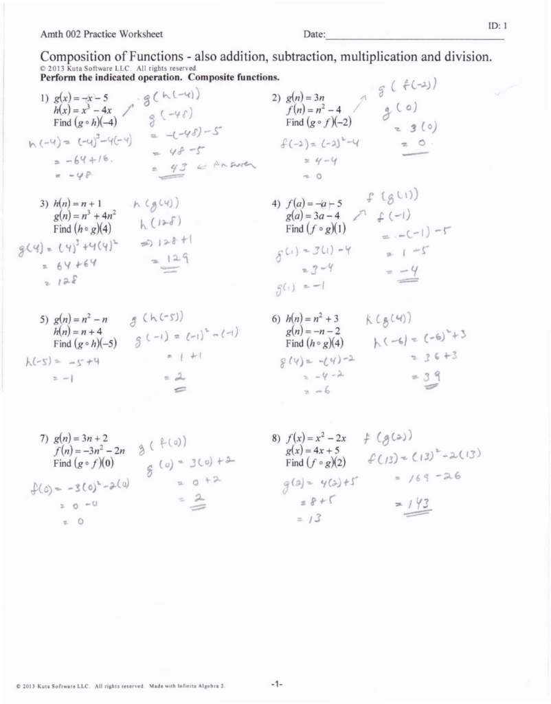 Composition Of Functions Answers ID 1 Amth 002 Practice Worksheet Date Composition Of Functions Studocu