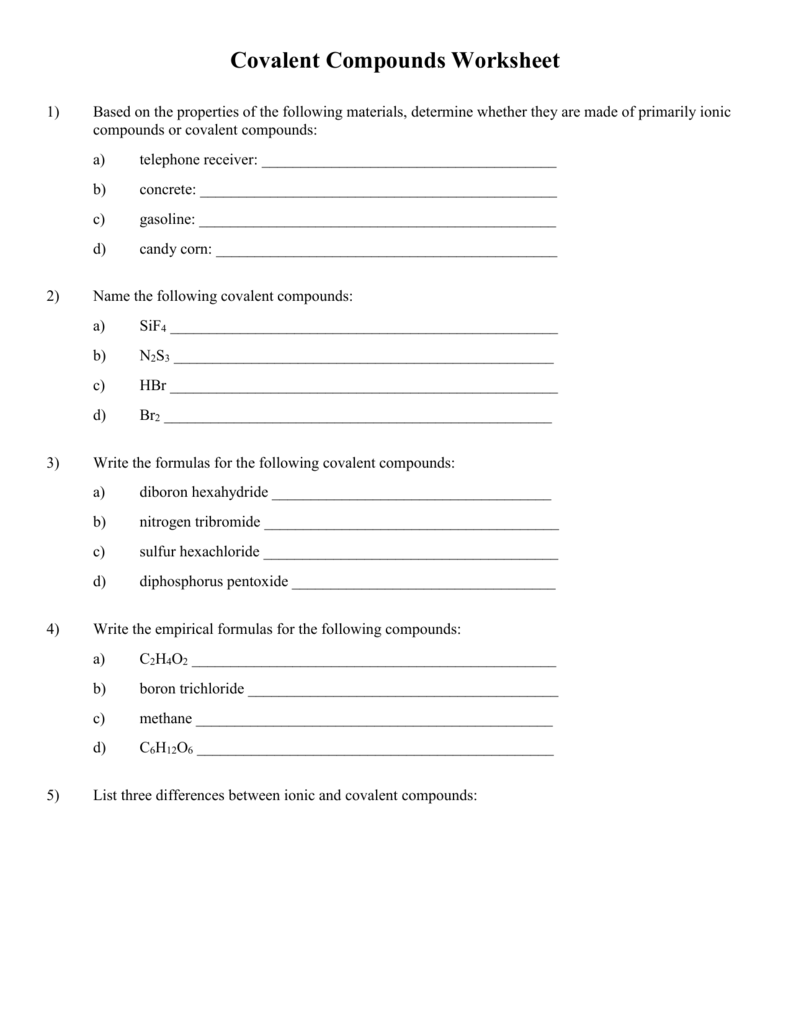 Writing Formulas For Covalent Compounds Worksheet