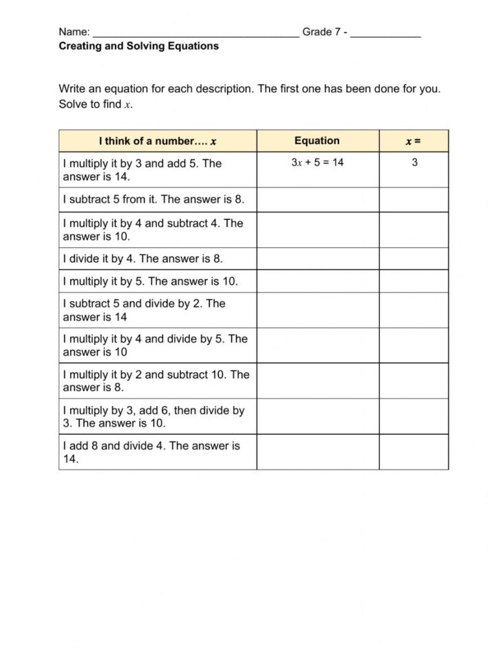 Writing And Solving Equations Worksheet - Printable Worksheets