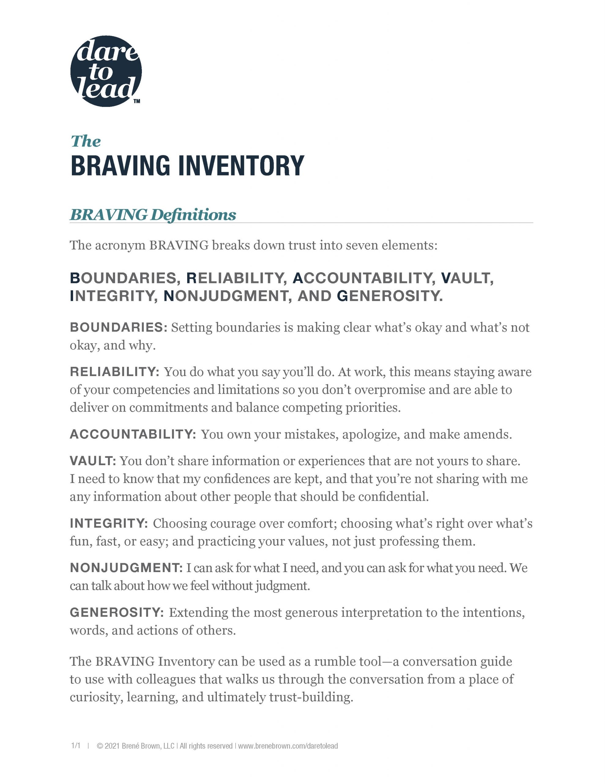 Dare To Lead The BRAVING Inventory Bren Brown