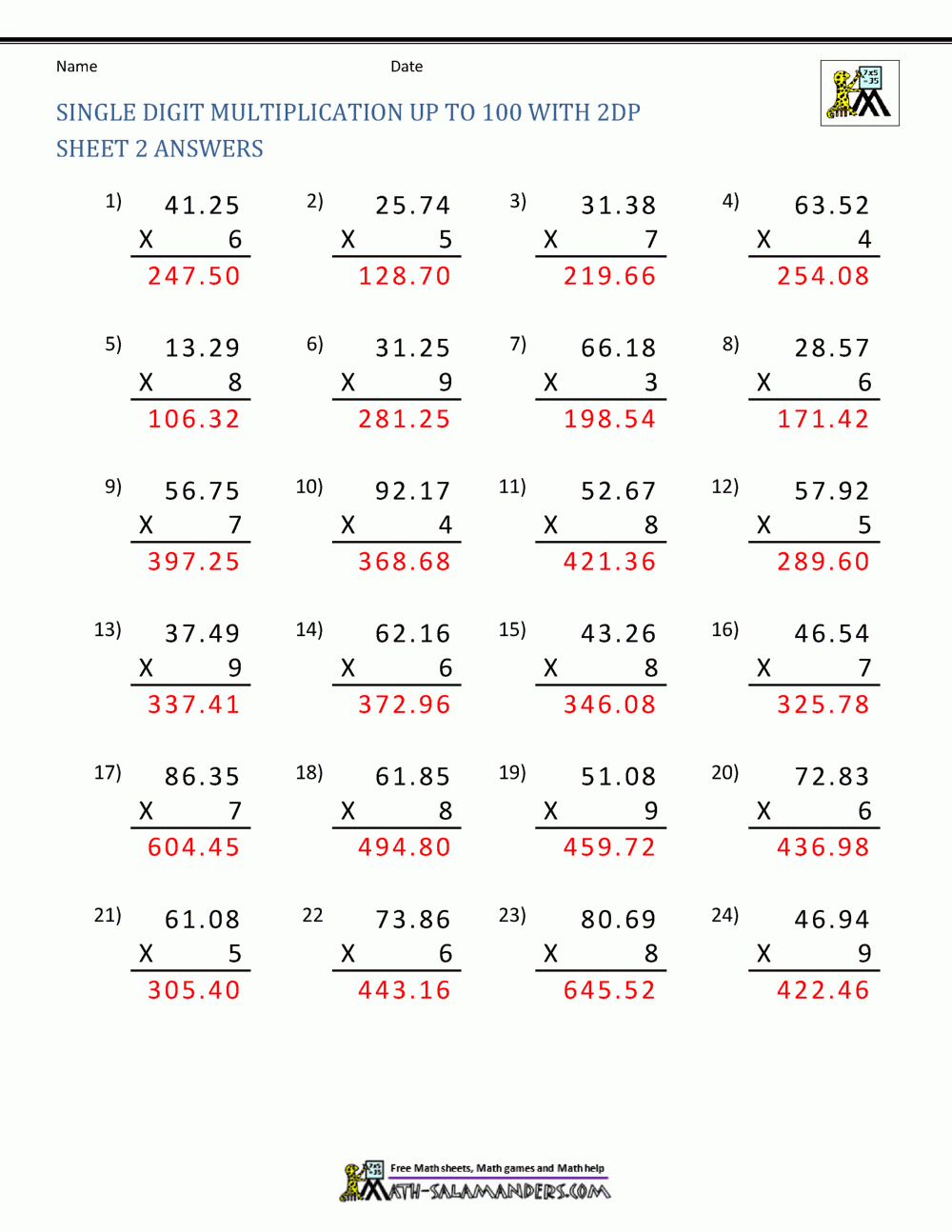 Printable Multiplication Answers