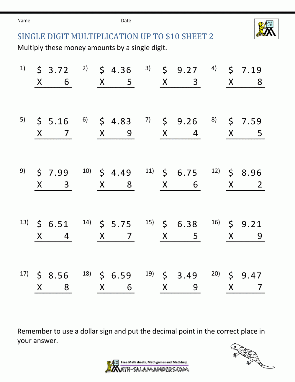 Decimal Multiplication Worksheets Grade 6