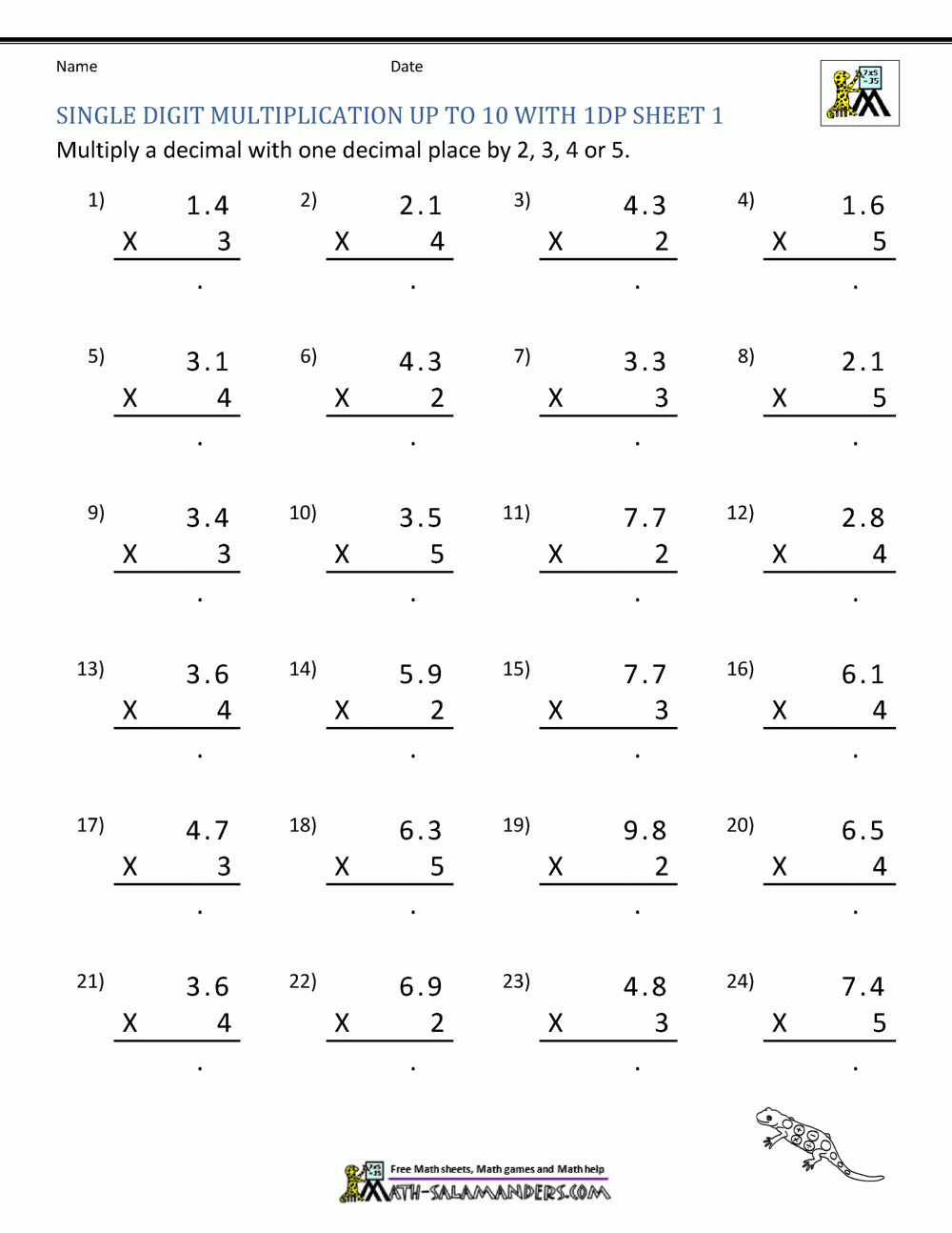 Decimal Multiplication Worksheets Pdf