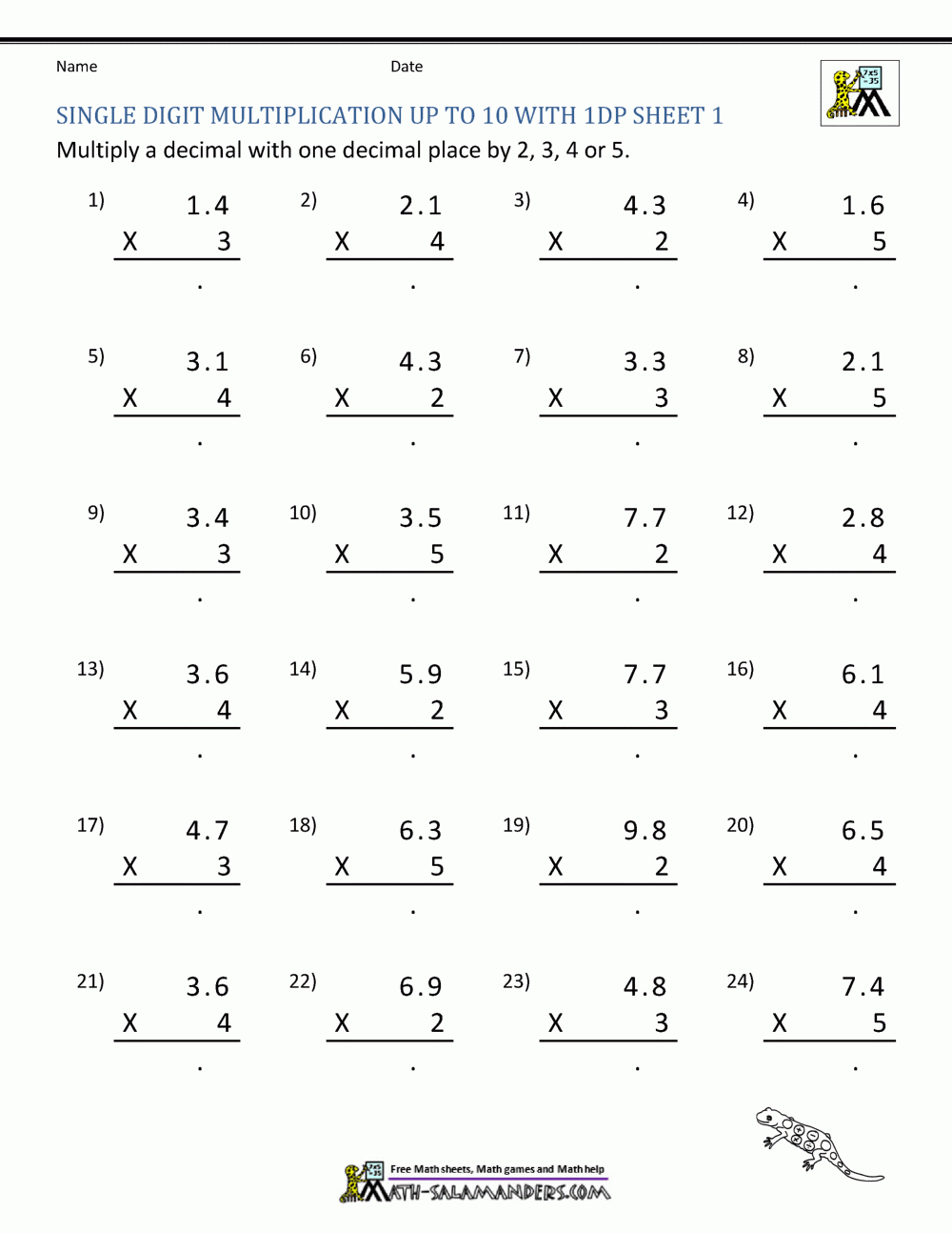 Multiplication Decimals Worksheets Printable
