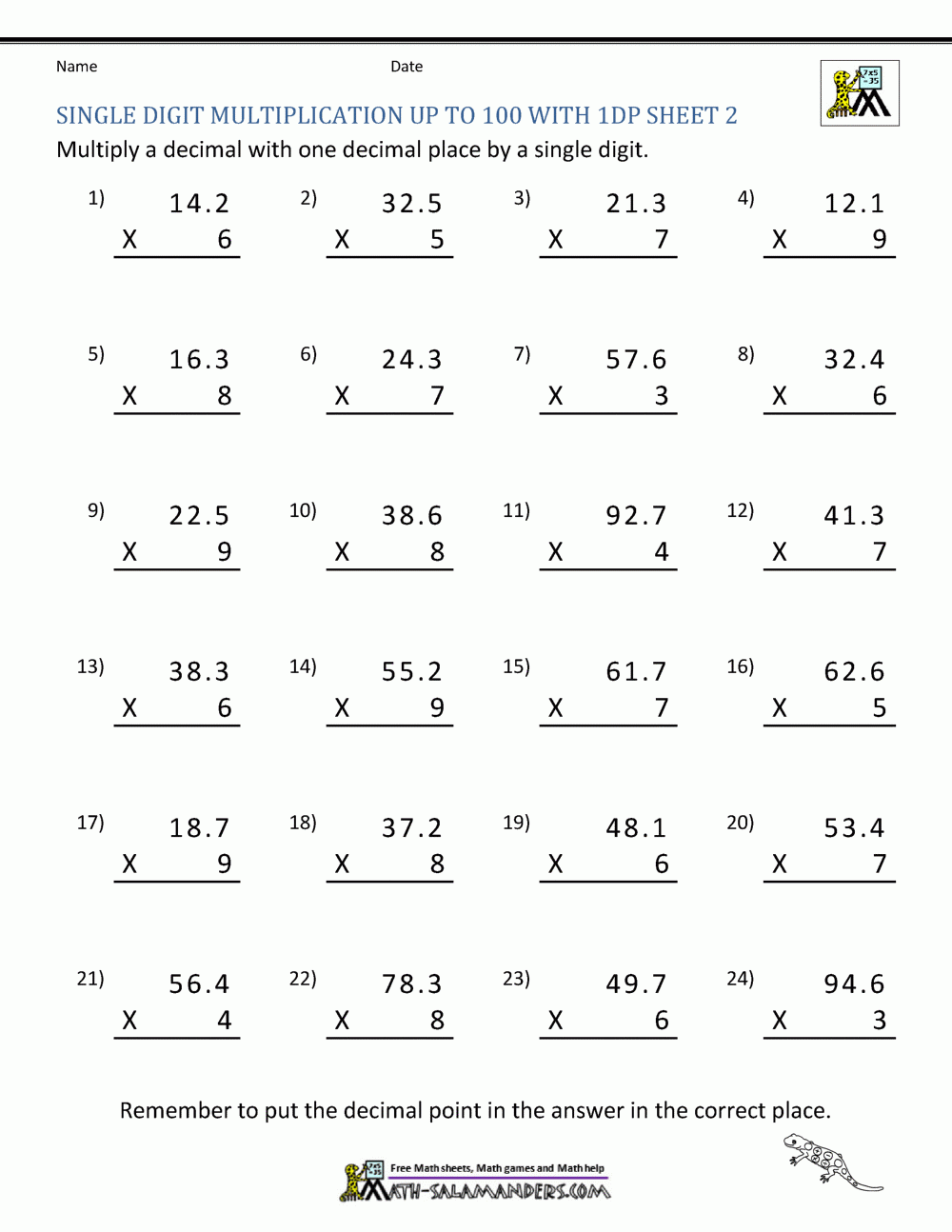 Multiplication With Decimals Worksheets