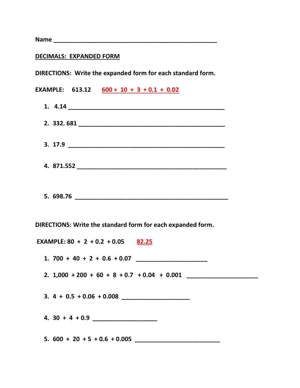 Decimals Expanded Form Worksheet