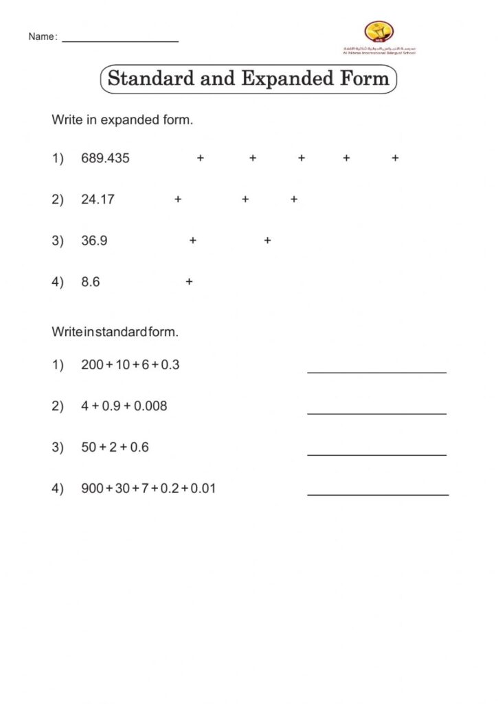 Decimals In Expanded And Standard Form Worksheet