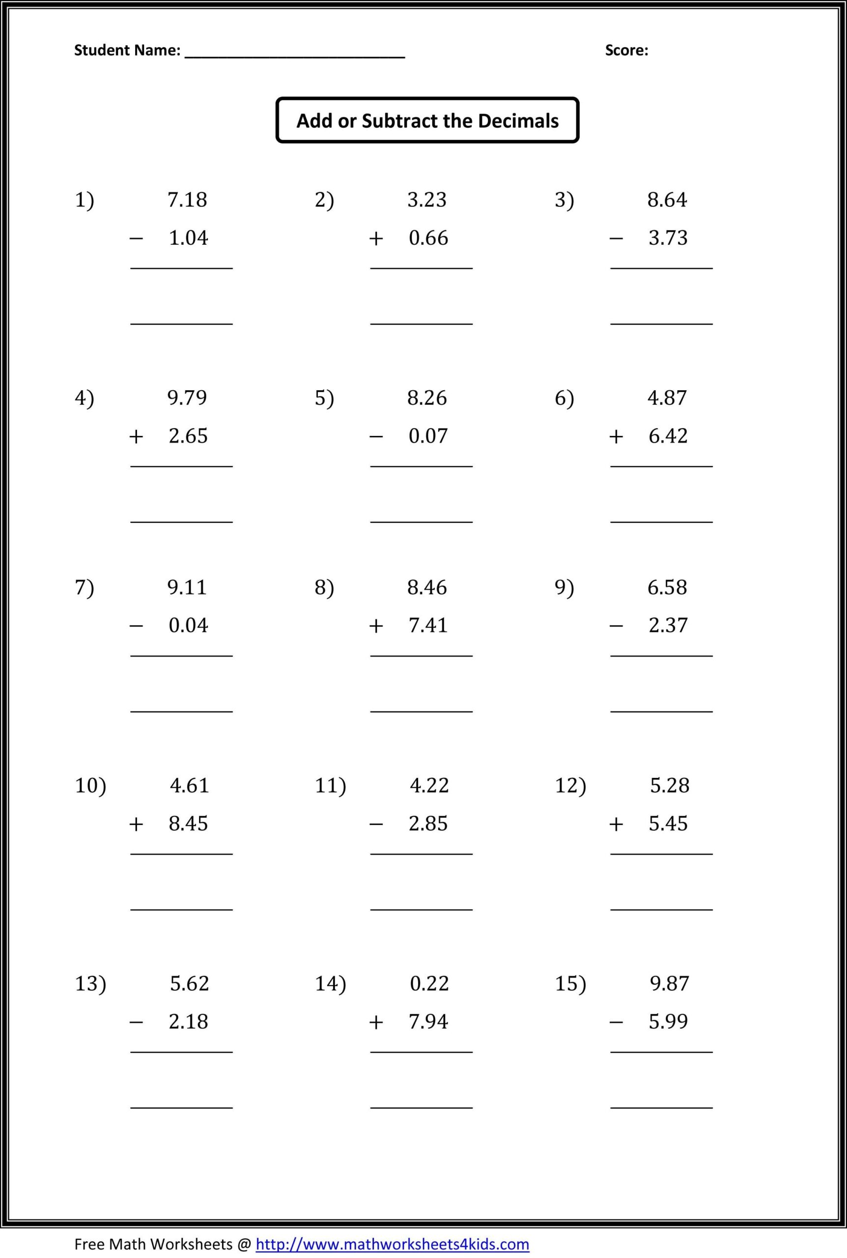 Decimals Worksheets Decimals Worksheets Grade 5 Math Worksheets Subtracting Decimals Worksheet