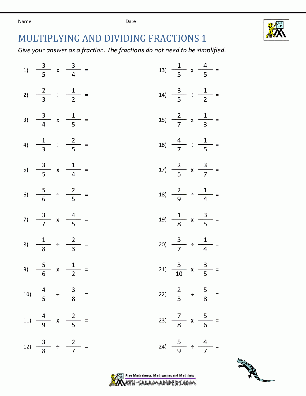 Fractions Worksheets Multiplication And Division