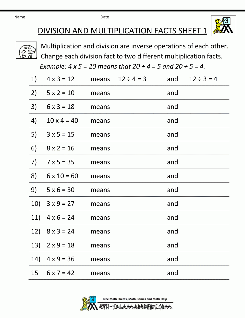 Division And Multiplication Facts Worksheets