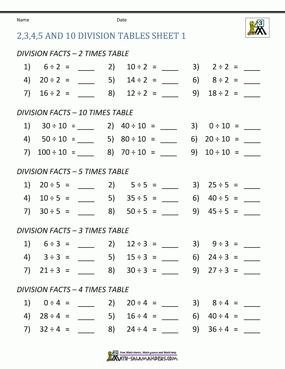 Multiplication And Division Facts Worksheets