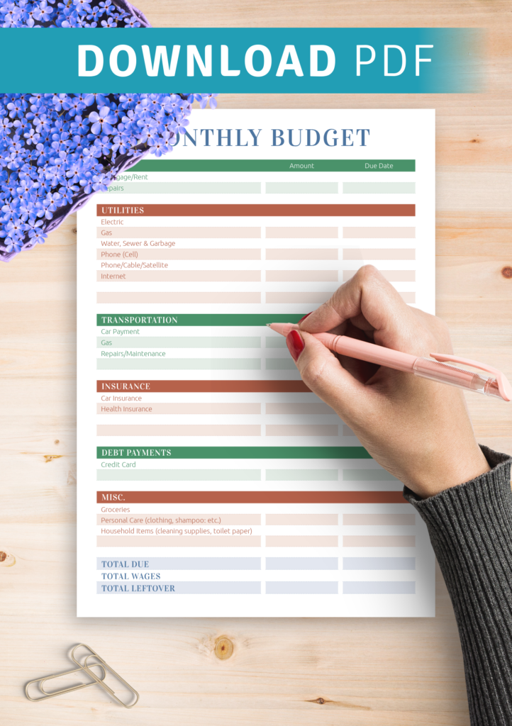 Download Printable Monthly Household Budget PDF