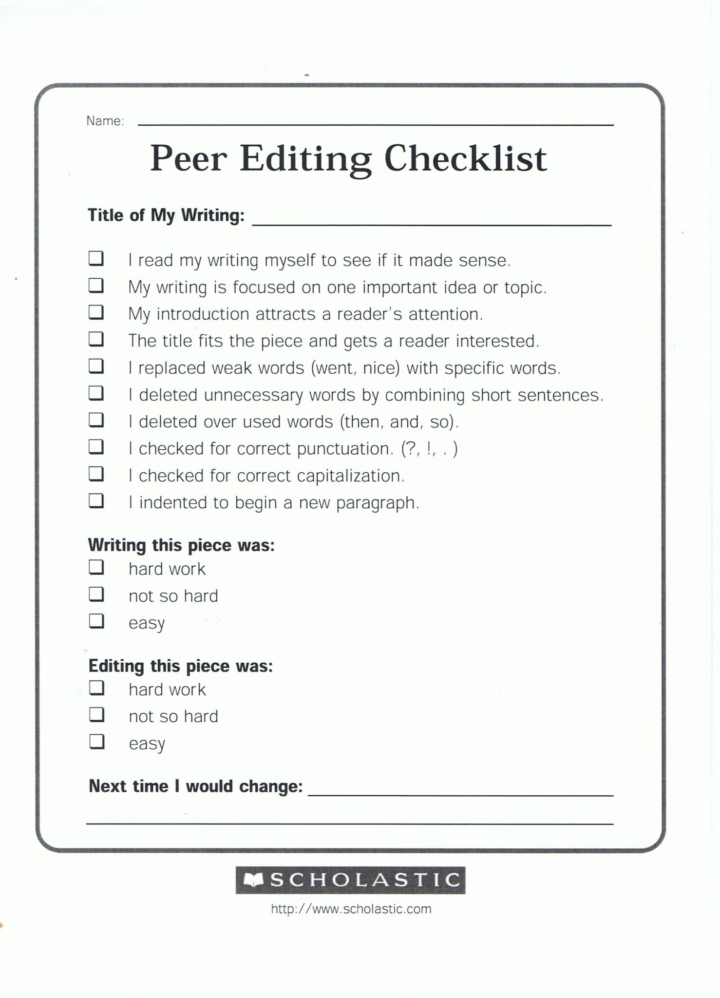 creative writing peer editing worksheet