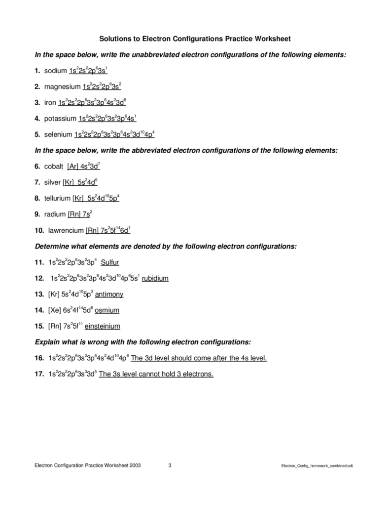 Writing Electron Configuration Worksheet Answers