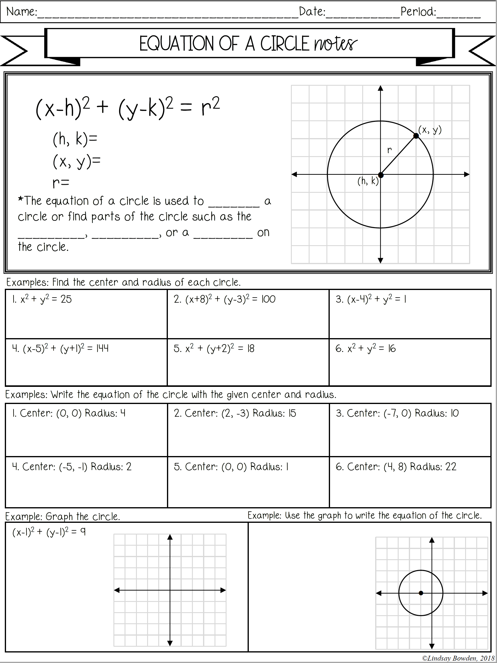 Equation Of A Circle Notes And Worksheets Lindsay Bowden