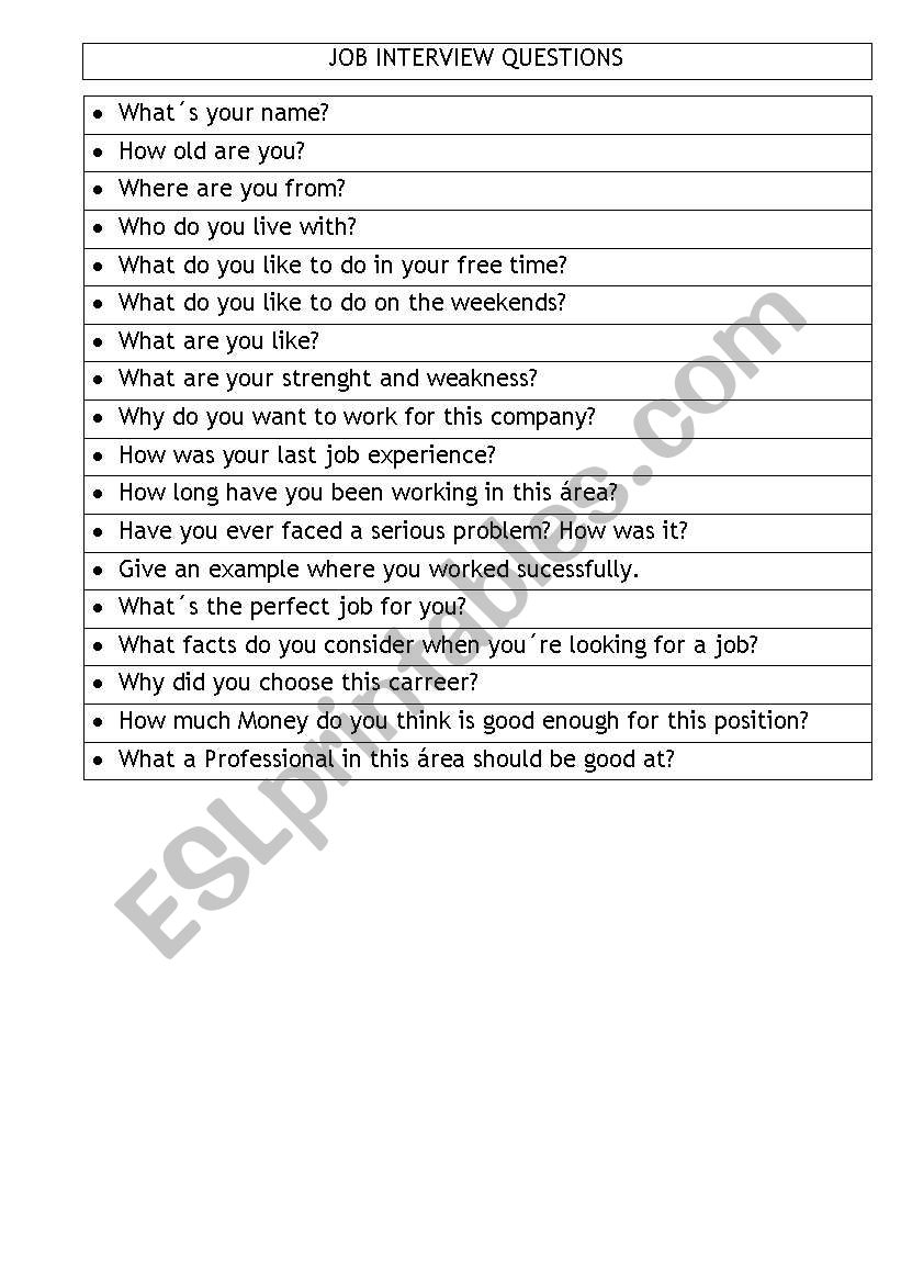 Job Interview Questions ESL Worksheet By Teacherlila