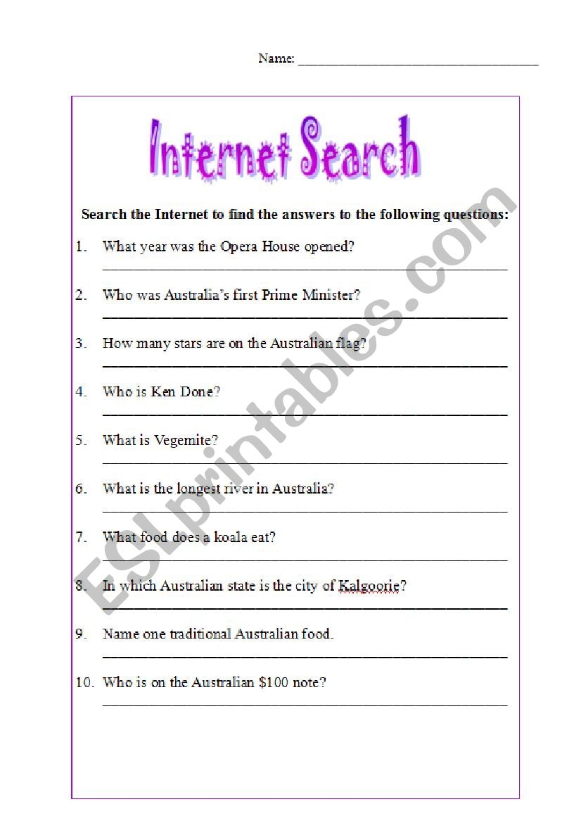 Internet Search Worksheet For Students
