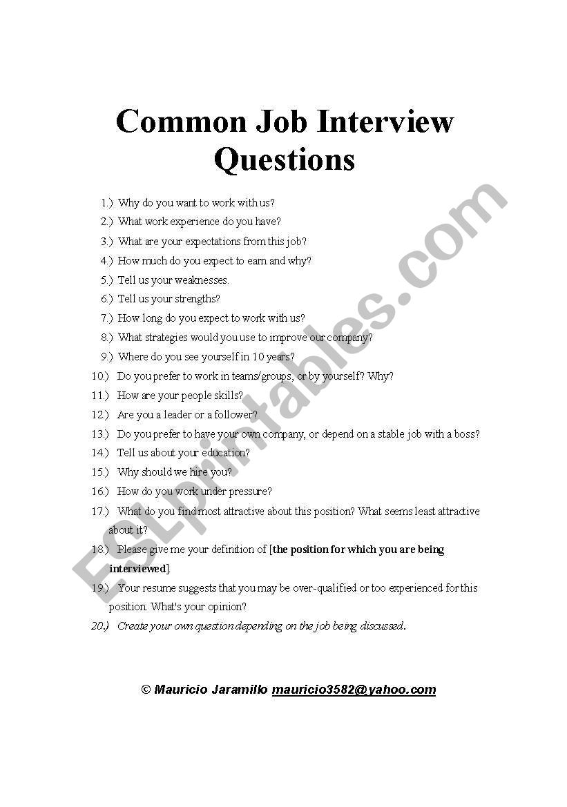 Common Job Interview Questions ESL Worksheet By Mauricio3582