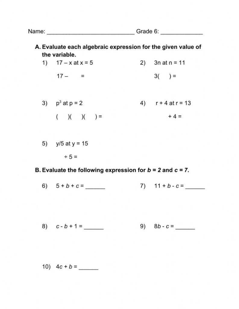 Writing And Evaluating Expressions Worksheet Pdf
