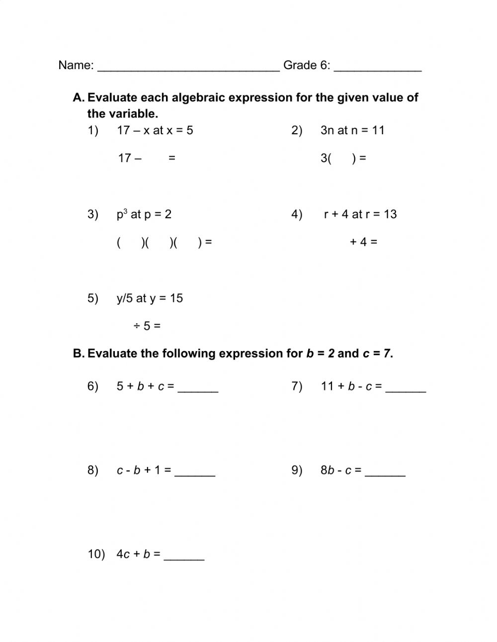 Evaluating Expressions With Multiple Variables Worksheets