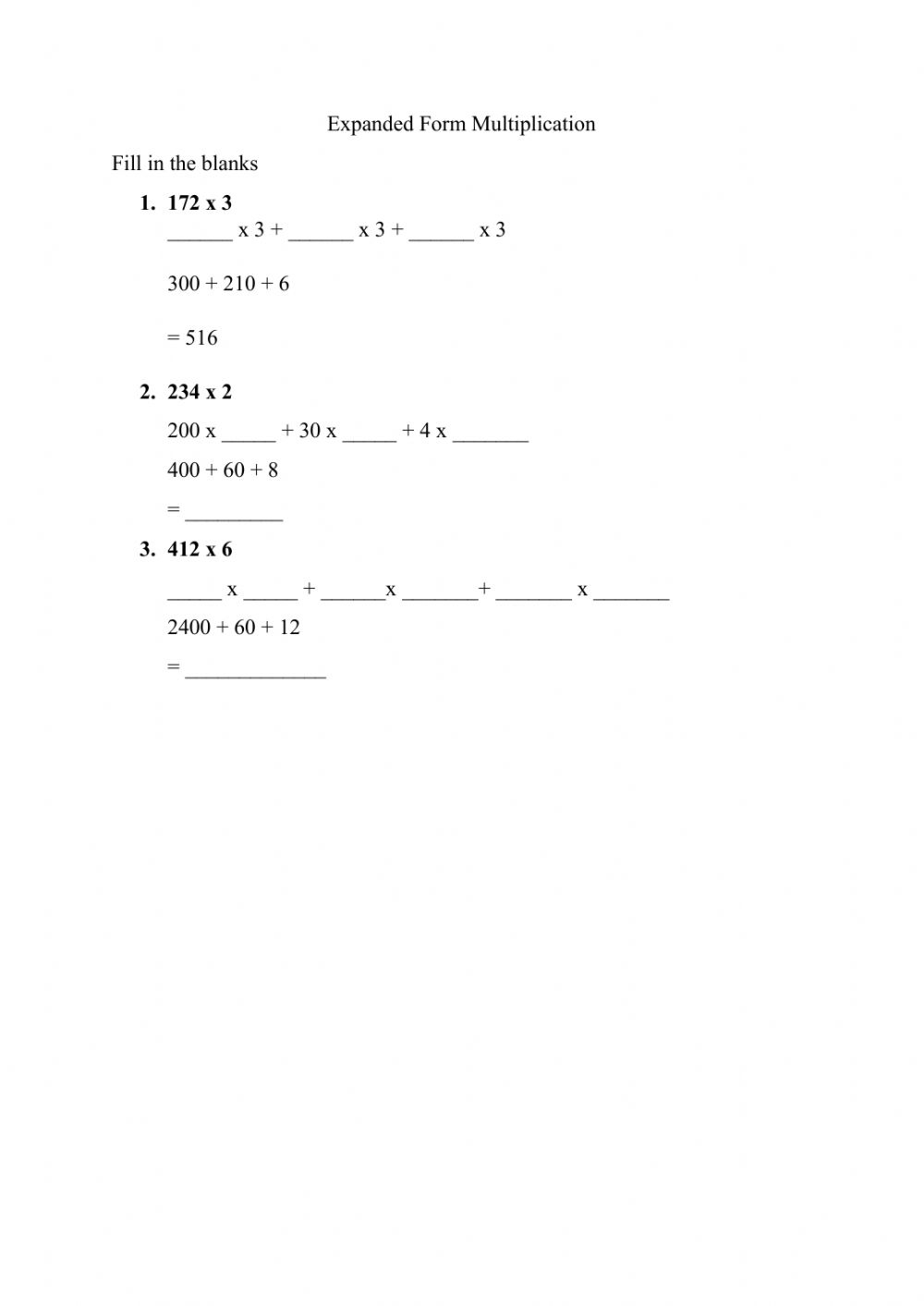 Expanded Form Multiplication Worksheet