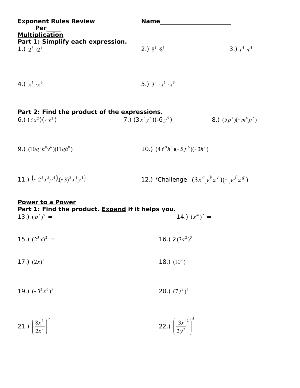 Exponent Worksheet Review Exponent Rules Review Multiplication Part 1 Simplify Each Expression Studocu