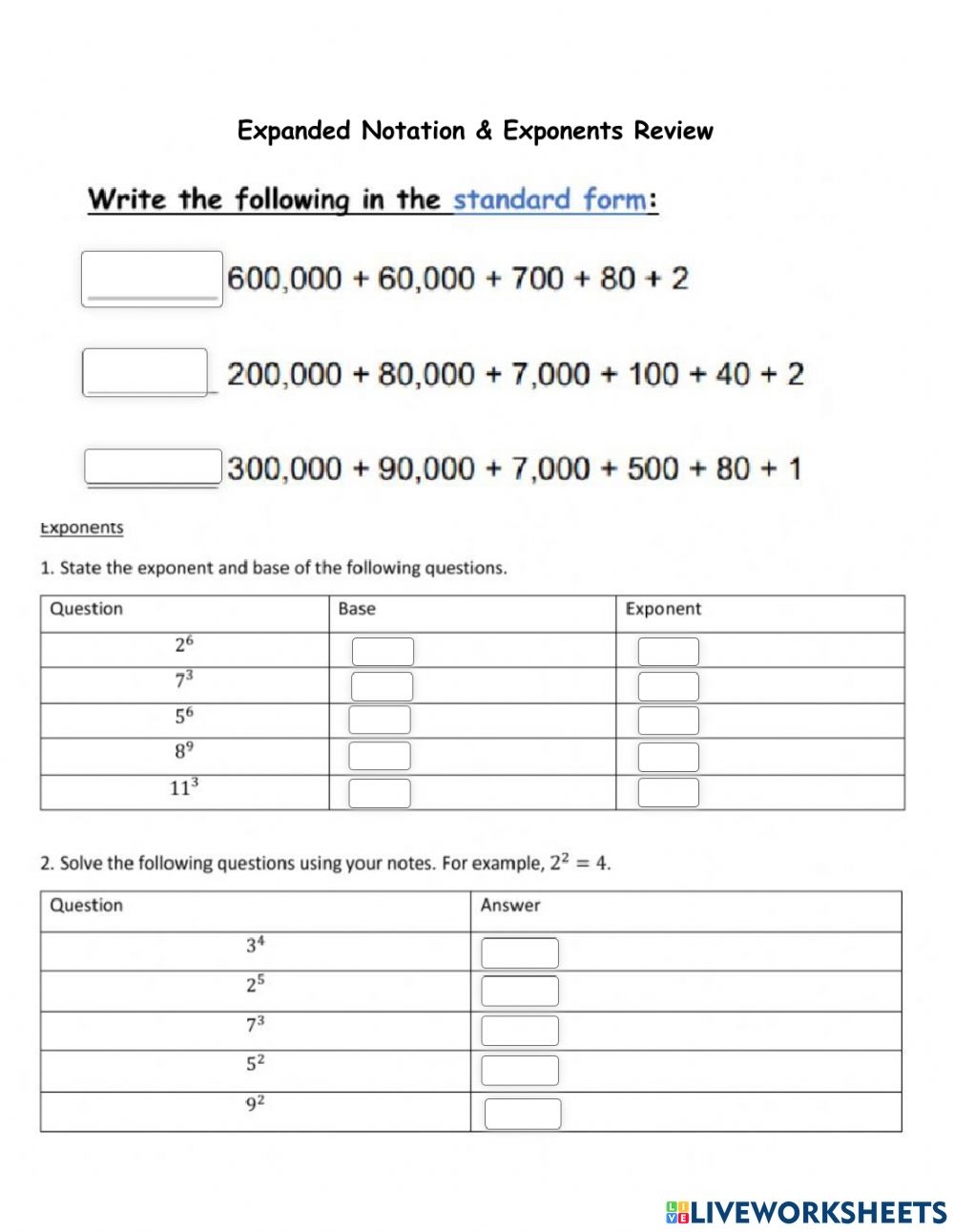 Exponents And Expanded Notation Worksheet