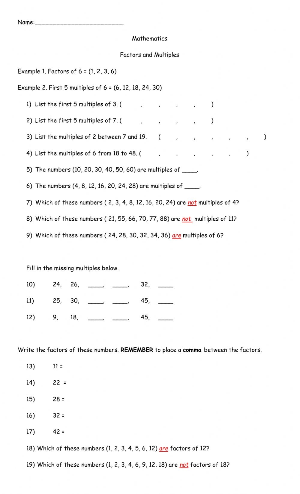 Worksheets For Factors And Multiples