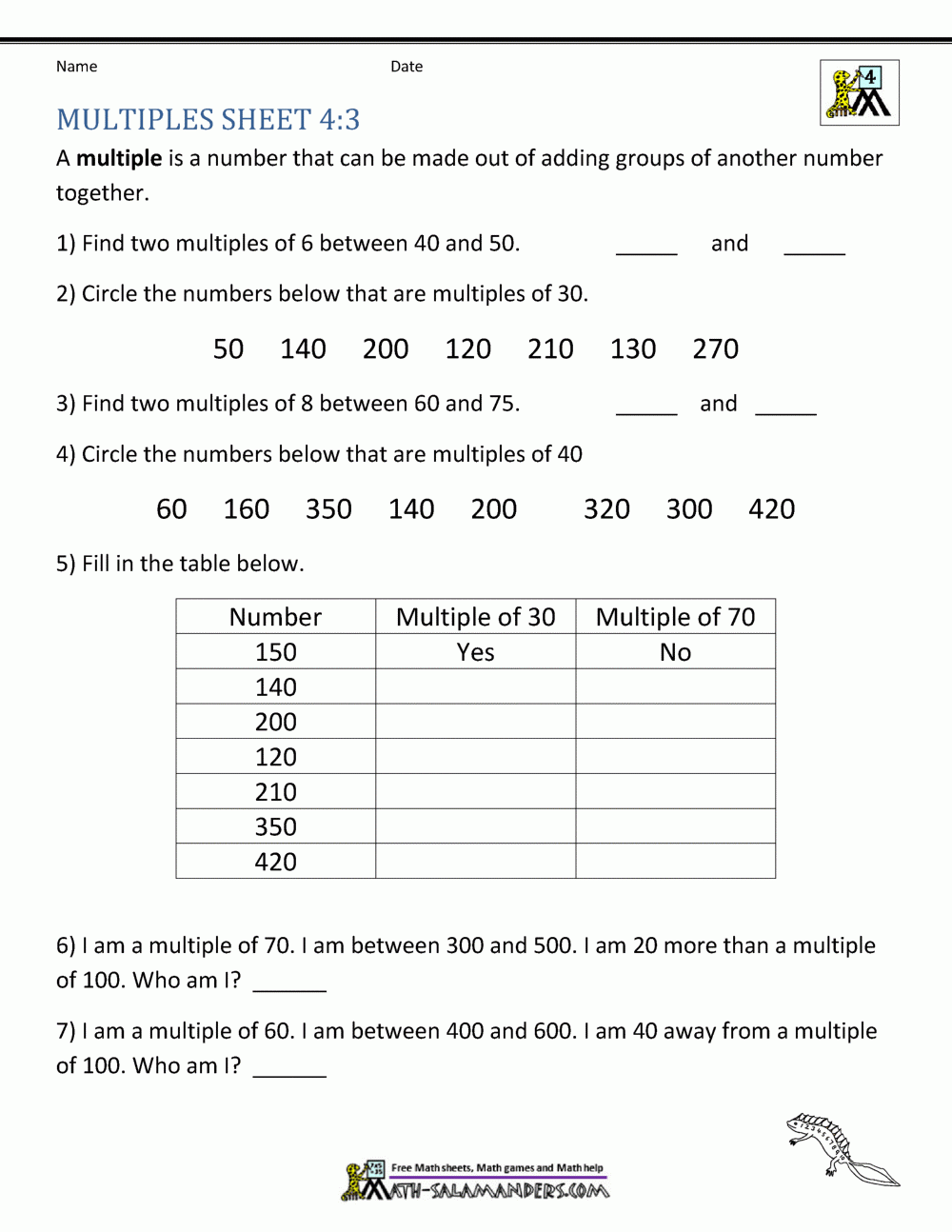 Factors And Multiples Grade 4 Worksheets