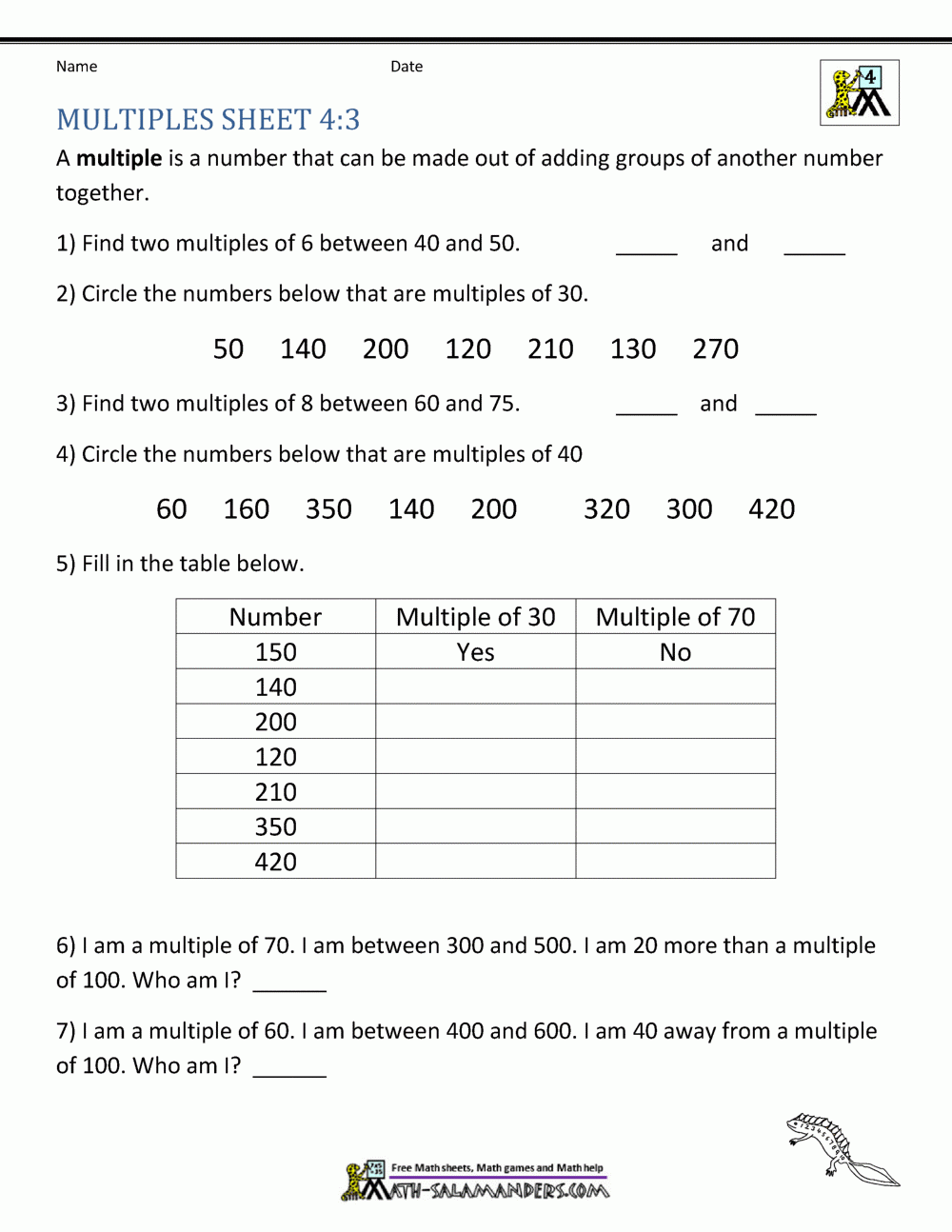Multiple And Factors Worksheets