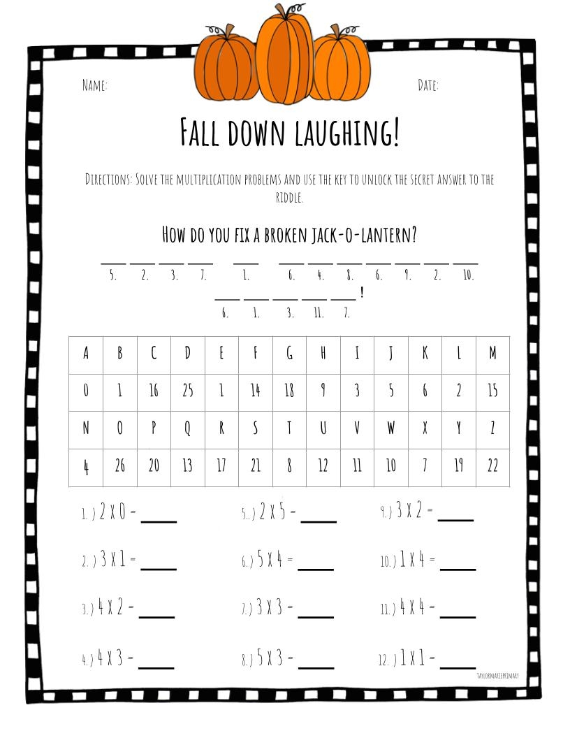 Fall Theme Secret Code Math Riddle Worksheets Multiplication Facts Classful