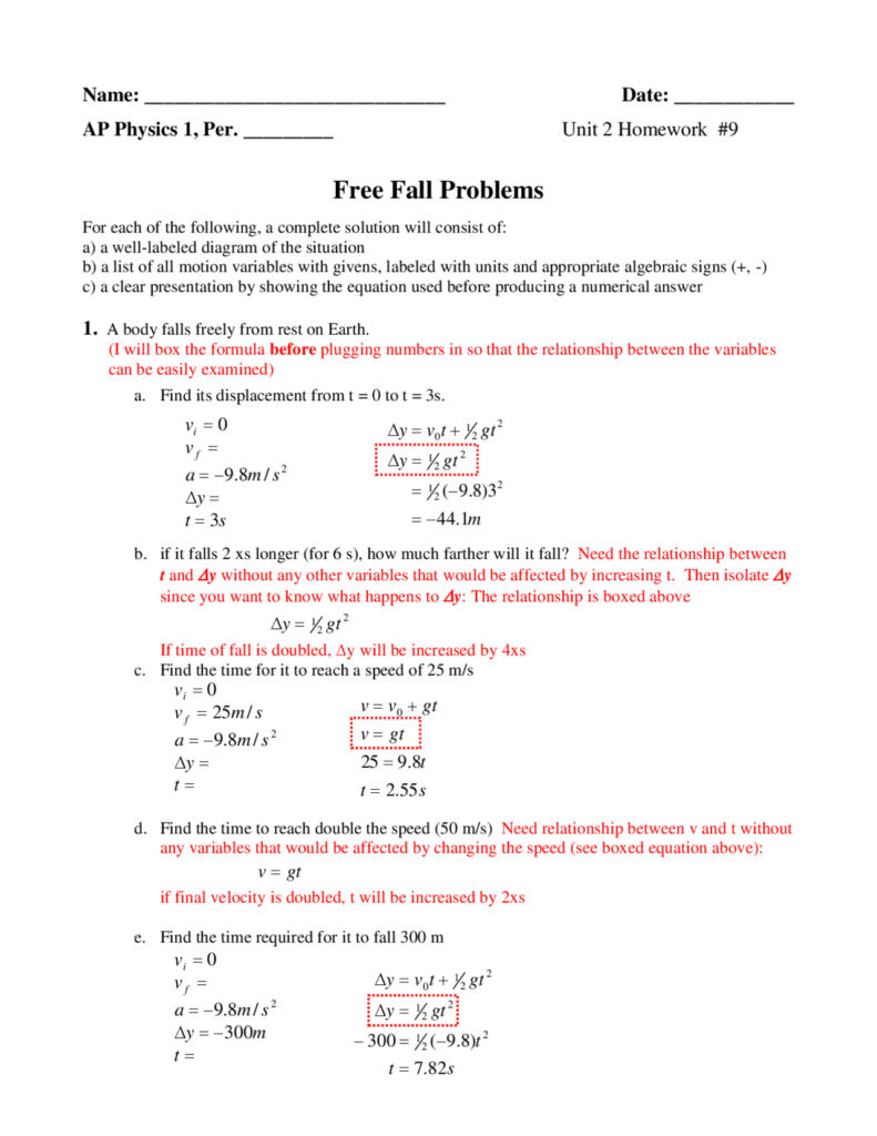 Free Fall Problems Worksheet Solutions Exercises Physics Docsity
