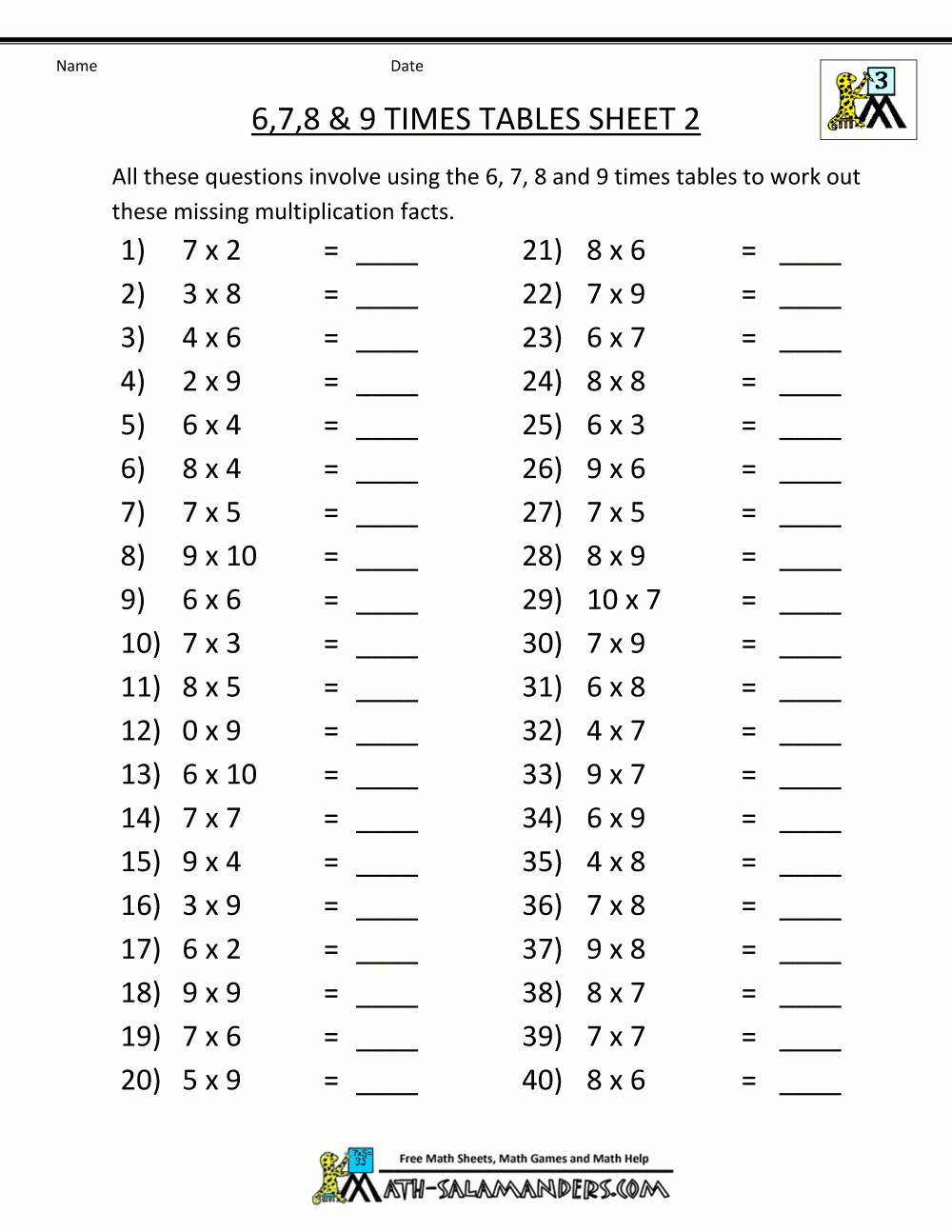 6 7 8 Multiplication Worksheets