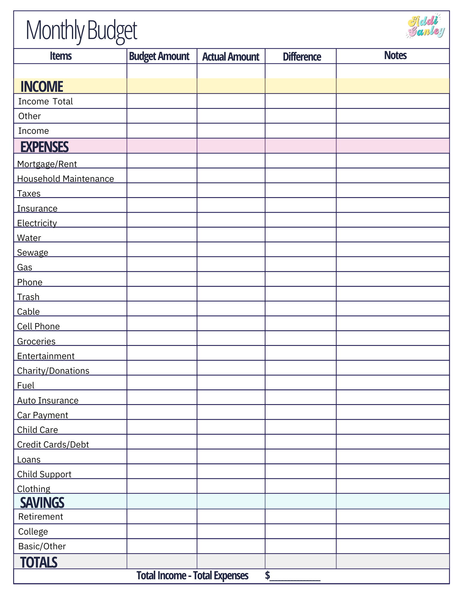 Free Monthly Budget Template Instant Download