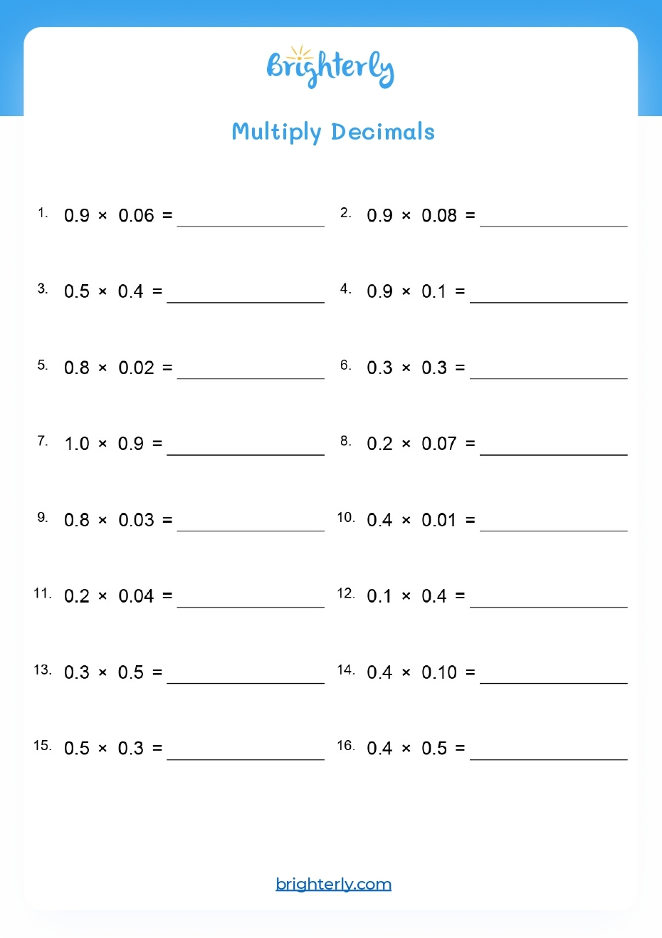 Multiplying Decimals By Decimals Worksheets