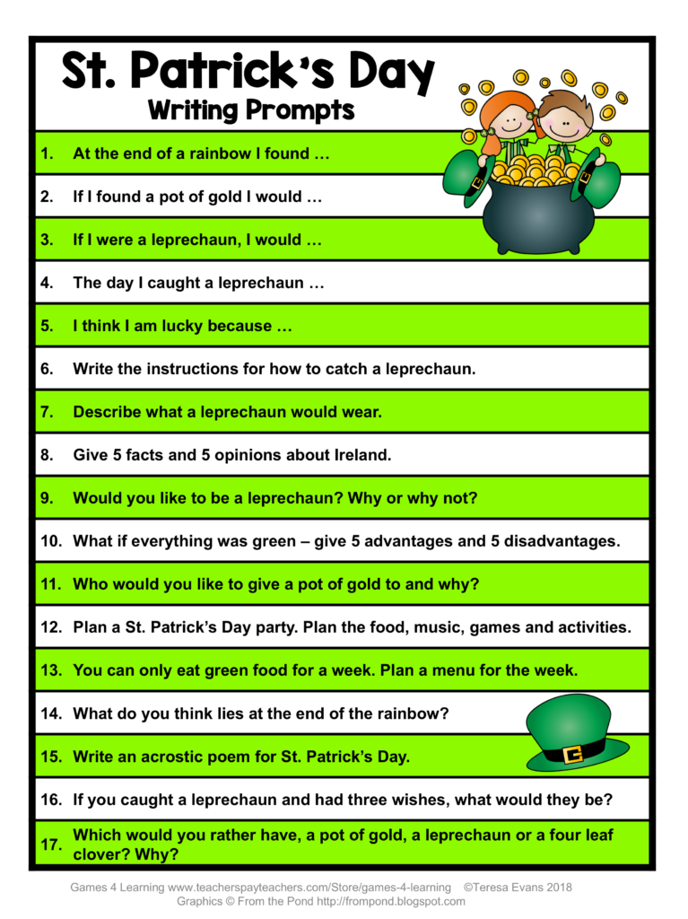 FREE St Patrick s Day Writing Prompts Great St Patrick s Day Activity With Lots Of Ideas To Inspire Writing Prompts Third Grade Writing Writing Instruction