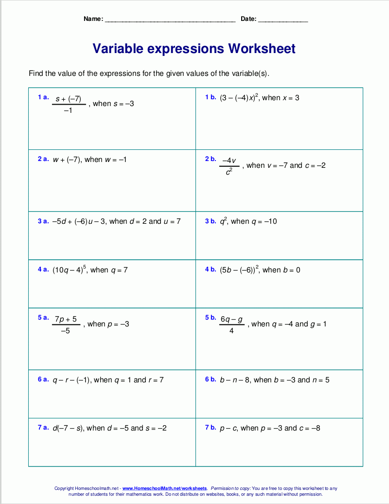 Free Worksheets For Evaluating Expressions With Variables Grades 6 8 Pre Algebra And Algebra 1