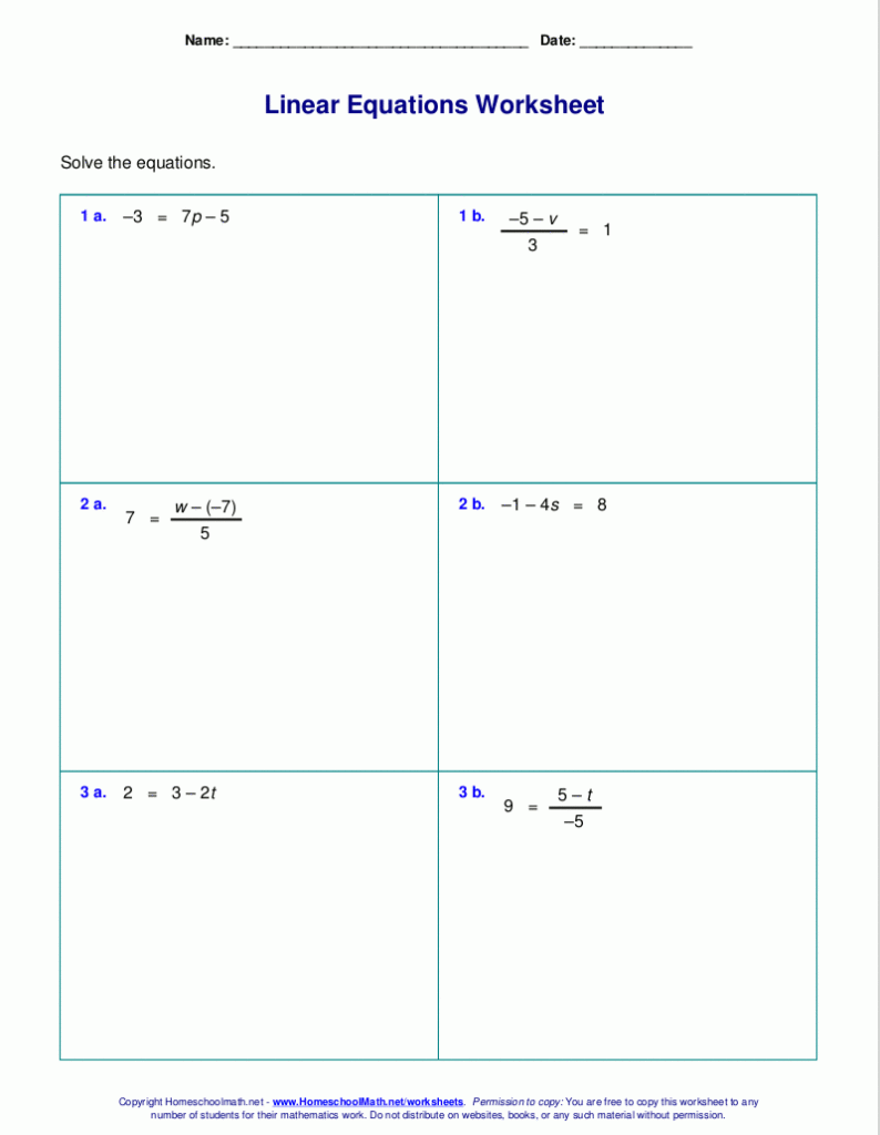 Writing And Solving Linear Equations Worksheet