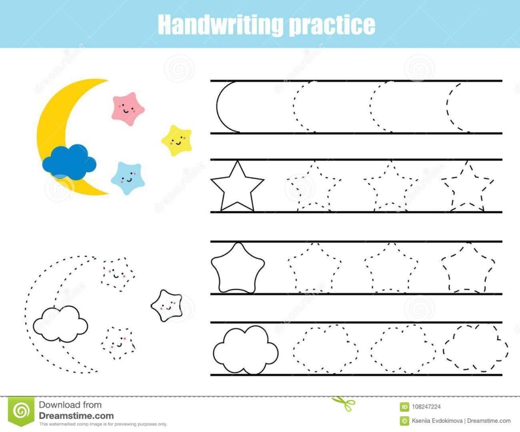 Handwriting Practice Sheet Educational Children Game Printable Worksheet For Kids Writing Training Printable Worksheet Stars A Stock Vector Illustration Of Cute Clouds 108247224