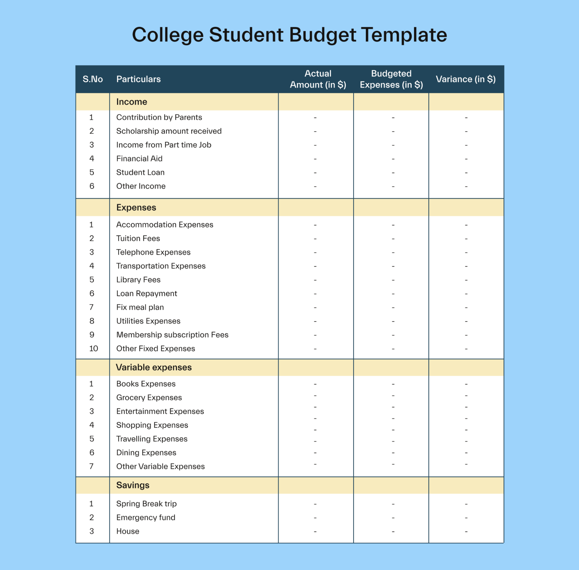 Basic Student Budget Example