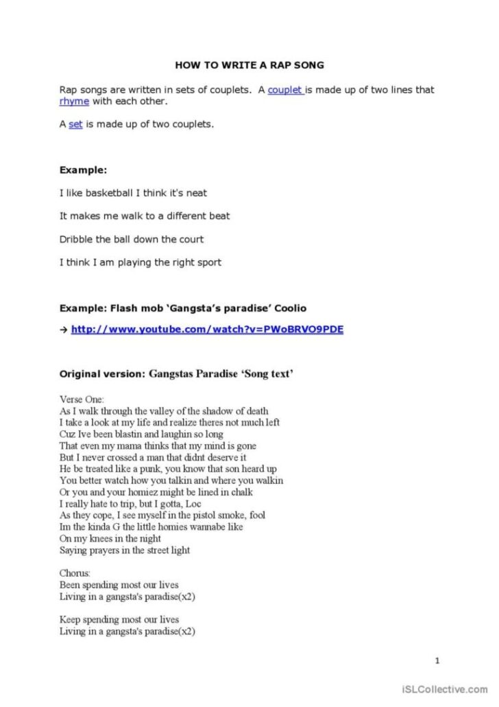 Writing A Rap Song Worksheet - Printable Worksheets