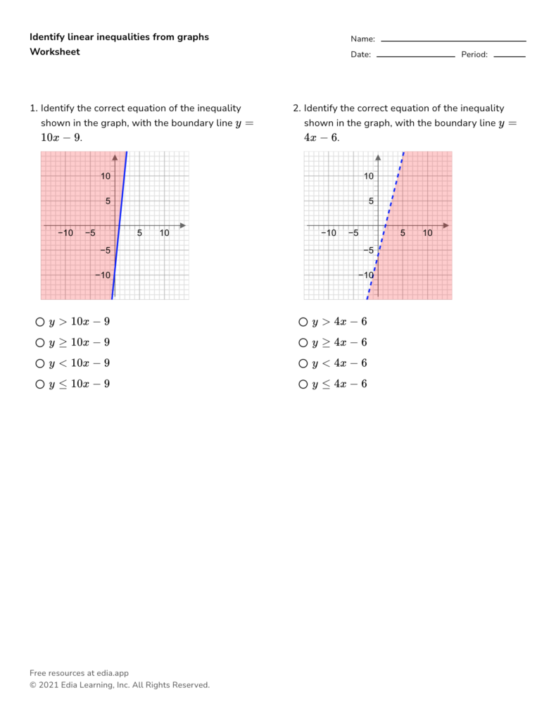 Writing Linear Inequalities From A Graph Worksheet