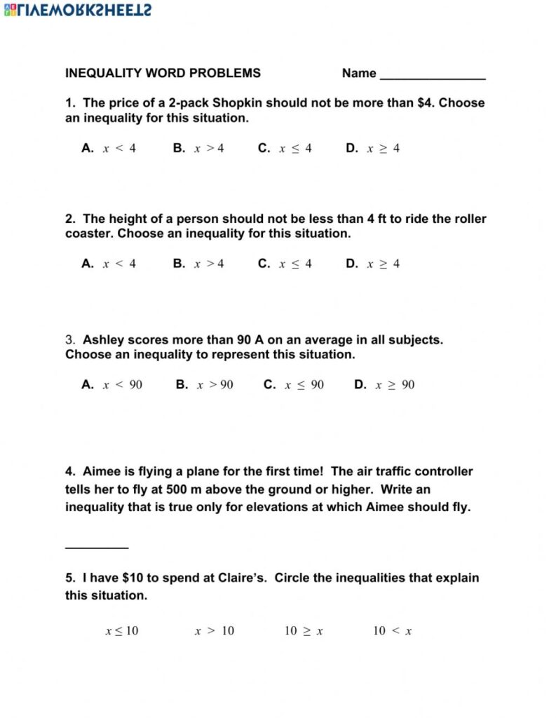 Inequality Word Problems Worksheet