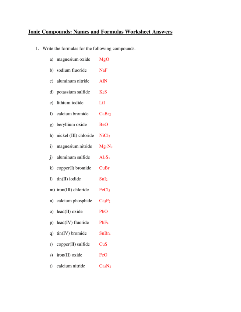 Ionic Compounds Names And Formulas Worksheet Answers Exercises Chemistry Docsity