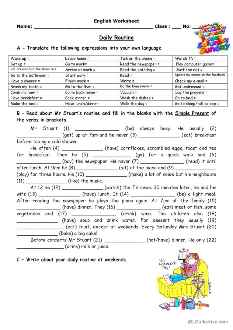 Daily Activities Worksheet For Adults